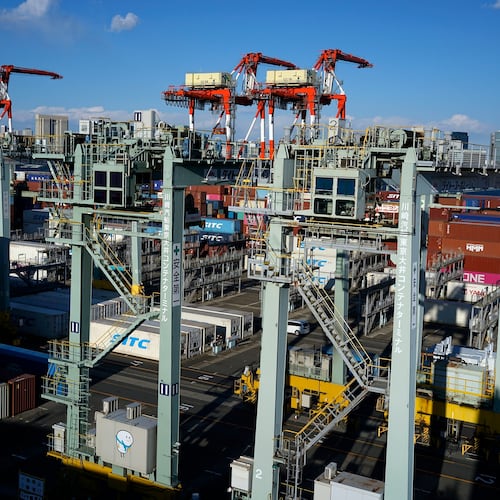 Tokyo Container Terminal is seen in Tokyo on Wednesday Feb. 19, 2025. (AP Photo/Eugene Hoshiko)