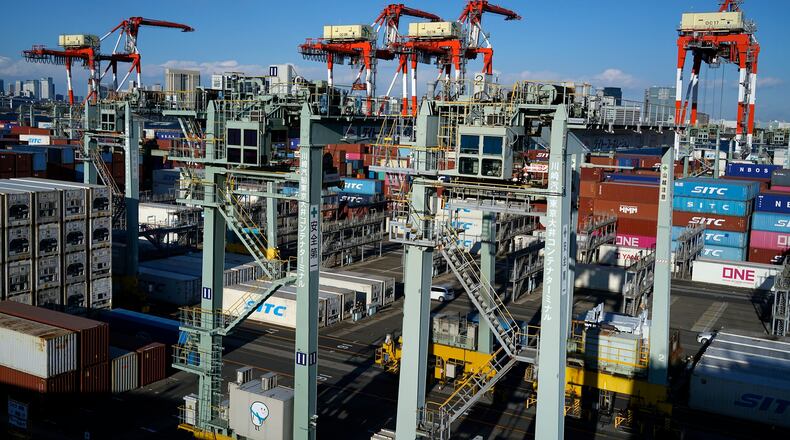 Tokyo Container Terminal is seen in Tokyo on Wednesday Feb. 19, 2025. (AP Photo/Eugene Hoshiko)