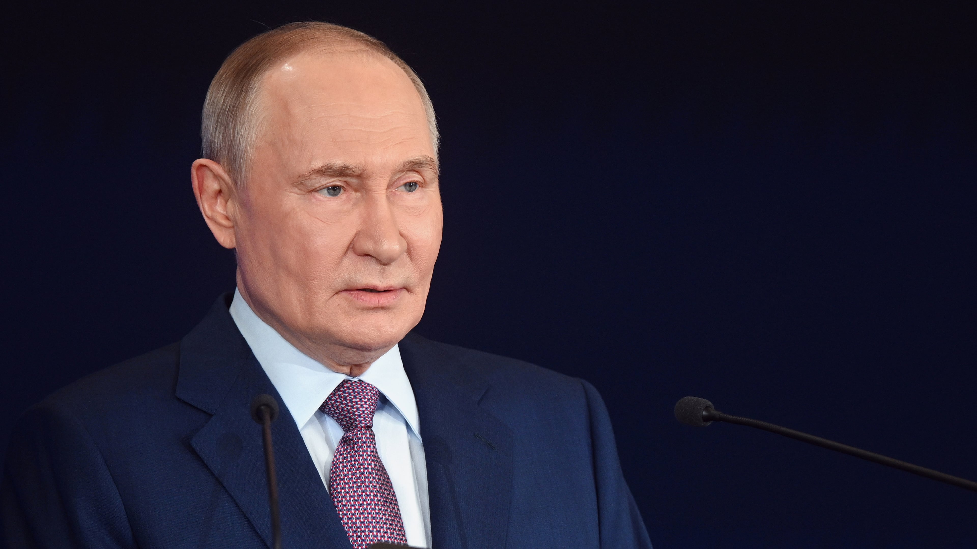 Russian President Vladimir Putin speaks at the Russian Geographical Society congress at the State Kremlin Palace in Moscow, Russia, Thursday, Oct. 23, 2025. (Kristina Kormilitsyna, Sputnik, Kremlin Pool Photo via AP)