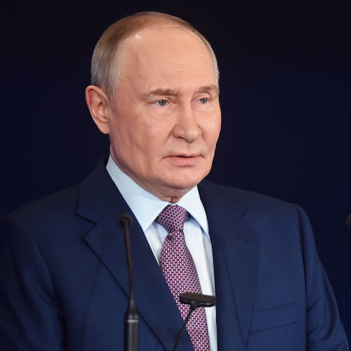 Russian President Vladimir Putin speaks at the Russian Geographical Society congress at the State Kremlin Palace in Moscow, Russia, Thursday, Oct. 23, 2025. (Kristina Kormilitsyna, Sputnik, Kremlin Pool Photo via AP)