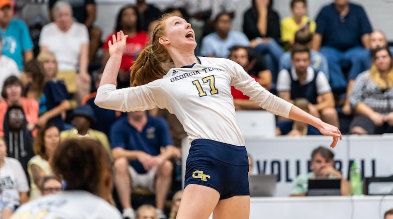 Georgia Tech freshman outside hitter Julia Bergmann, a candidate for ACC freshman of the year, in a September 27, 2019 match against Syracuse at O'Keefe Gymnasium. (Danny Karnik/Georgia Tech Athletics)