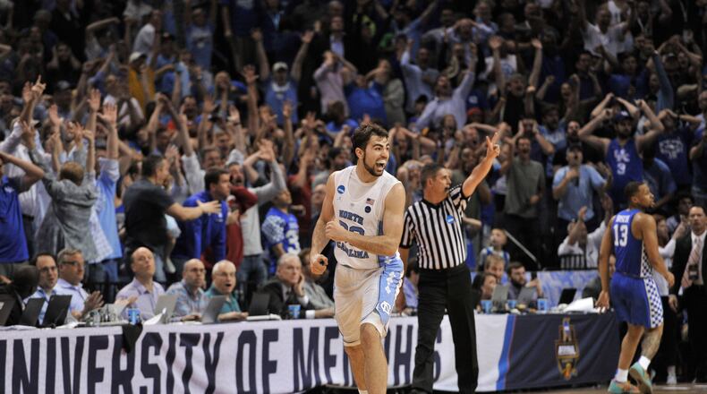 North Carolina forward Luke Maye celebrates after shooting the winning basket in the second half of the South Regional final game against Kentucky in the NCAA college basketball tournament Sunday, March 26, 2017, in Memphis, Tenn. The basket gave North Carolina a 75-73 win. (AP Photo/Brandon Dill)