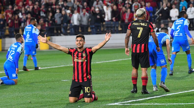 Atlanta United's Pity Martinez reacts after making a goal against Motagua FC during the first half of soccer in the Scotiabank Concacaf Champions League, Tuesday, Feb. 25, 2020, in Kennesaw, Ga. (John Amis, Atlanta Journal Constitution)