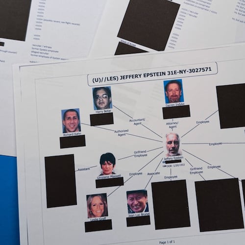 A document included in the U.S. Department of Justice release of the Jeffrey Epstein files is photographed Friday, Jan. 30, 2026, that illustrates several people who handled Epstein's financial affairs or who were close to him (AP Photo/Jon Elswick)
