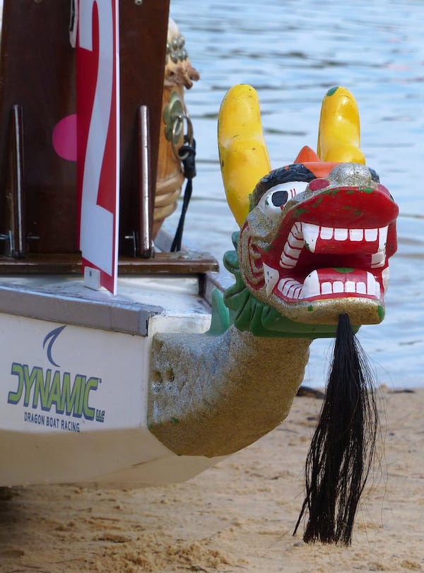 Colorful 40-foot boats with the head and tail of a dragon race in the Acworth Dragon Boat Festival on Saturday, May 2. (Courtesy of Acworth Dragon Boat Festival)