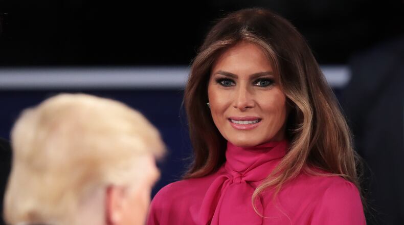 ST LOUIS, MO - OCTOBER 09: Melania Trump (R) greets her husband Republican presidential nominee Donald Trump after the town hall debate at Washington University on October 9, 2016 in St Louis, Missouri. This is the second of three presidential debates scheduled prior to the November 8th election. (Photo by Scott Olson/Getty Images)