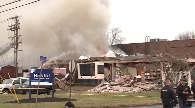First responders are on the scene of a fire after an explosion at a nursing home in Bristol Township, Pa., on Tuesday, Dec. 23, 2025. (WPVI-TV/6ABC via AP)