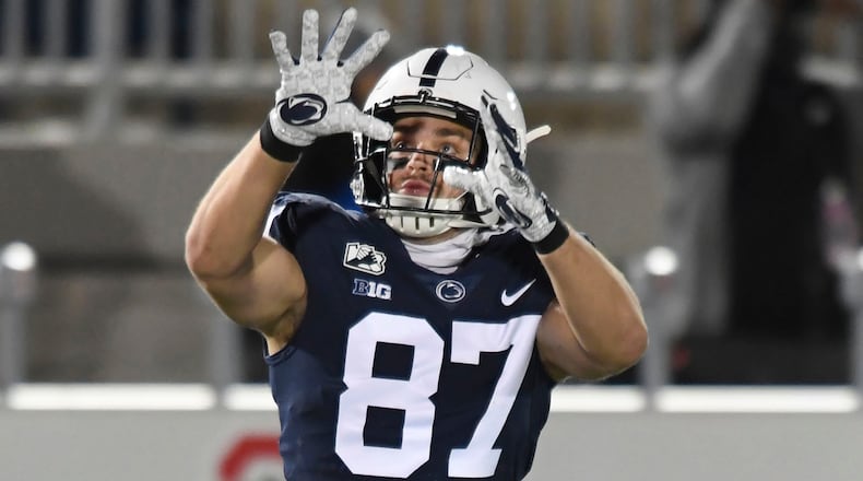 Penn State tight end Pat Freiermuth (87) looks for a pass during warmups before game against Ohio State Oct. 31, 2020, in State College, Pa. The Buckeyes won 38-25. (Barry Reeger/AP)