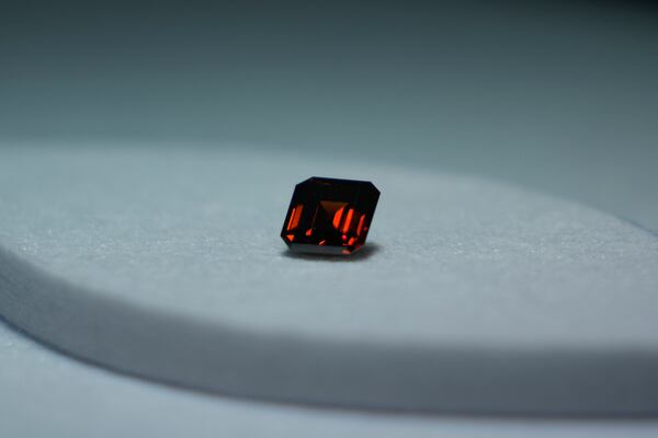 The 5.05-carat square emarald-cut Fancy Brown-Red diamond is on display during an exhibition in Abu Dhabi, United Arab Emirates, Tuesday, April 8, 2025. (AP Photo/Altaf Qadri)