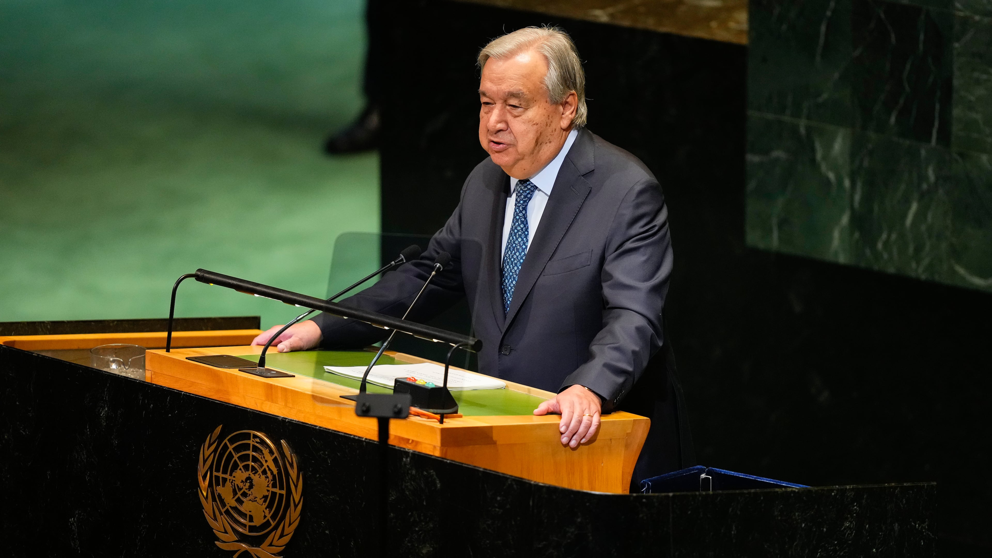Secretary General Antonio Guterres speaks during the 80th session of the United Nations General Assembly, Tuesday, Sept. 23, 2025, at UN headquarters. (AP Photo/Yuki Iwamura)