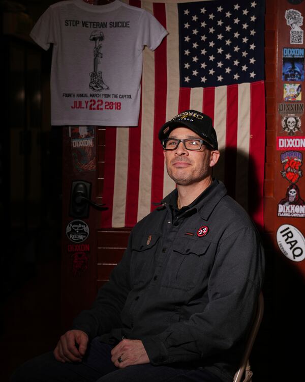 Marine Corps combat veteran Matt Metzger, who grows his own mushrooms for microdosing psilocybin, poses for a portrait Wednesday, March 26, 2025, in Olympia, Wash. (AP Photo/Lindsey Wasson)
