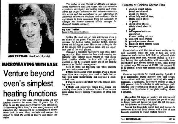 The "Microwaving With Ease" food column by Ann Tretiak premiered in The Atlanta Journal-Constitution's Food section on June 5, 1985. The feature ran weekly through 1988. (AJC archives)