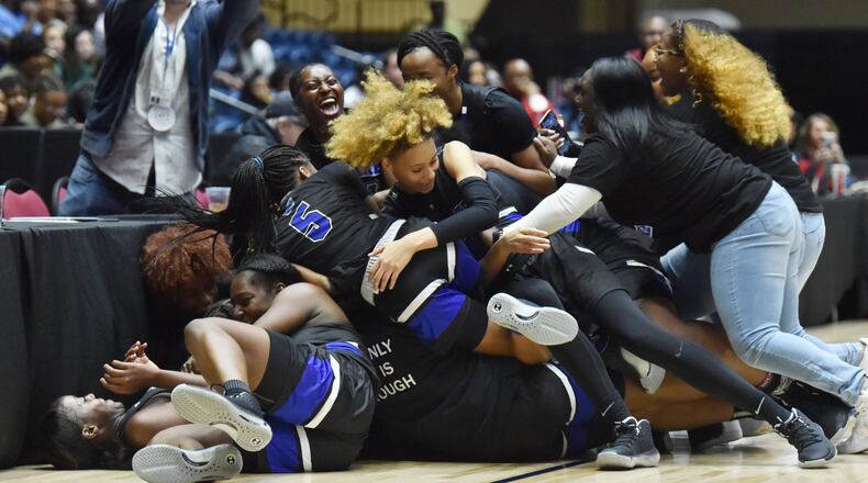 Westlake players celebrate their victory during 2020 GHSA State Basketball Class Championship game at the Macon Centreplex in Macon on Saturday, March 7, 2020. Westlake won 72-53 over Collins Hill. (Hyosub Shin / Hyosub.Shin@ajc.com)