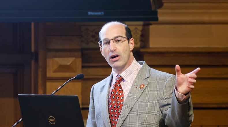 Georgia fiscal economist Jeffrey Dorfman speaks Tuesday during budget hearings in Atlanta. Dorfman warned that the state could see a $3 billion drop in revenue from capital gains taxes because of last year’s market decline. (Arvin Temkar / arvin.temkar@ajc.com)
