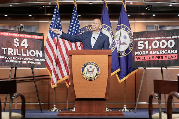 House Minority Leader Hakeem Jeffries, D-N.Y., spoke against President Donald Trump's signature bill of big tax breaks and spending cuts at the Capitol this week.