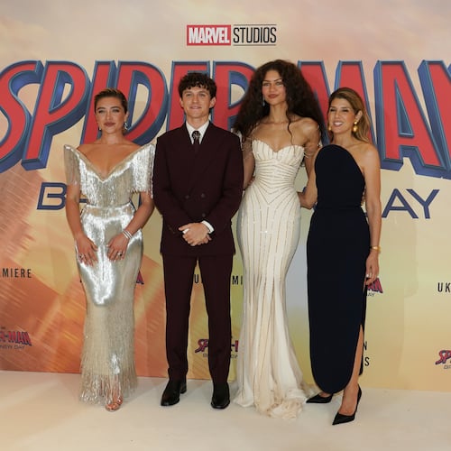 Florence Pugh, from left, Tom Holland, Zendaya and Marisa Tomei pose for photographers upon arrival at the 'Spider-Man: Brand New Day' premiere in London, England, Wednesday, July 29, 2026. (Photo by Alberto Pezzali/Invision/AP)