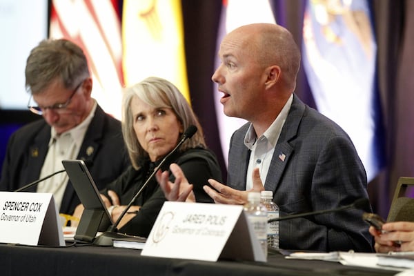 Utah Gov. Spencer Cox speaks as he started serving as chairman of the Western Governors' Association in Santa Fe, N.M., Tuesday, June 24, 2025, at the group's annual meeting, taking over for New Mexico Gov. Michelle Lujan Grisham. (AP Photo/Morgan Lee)
