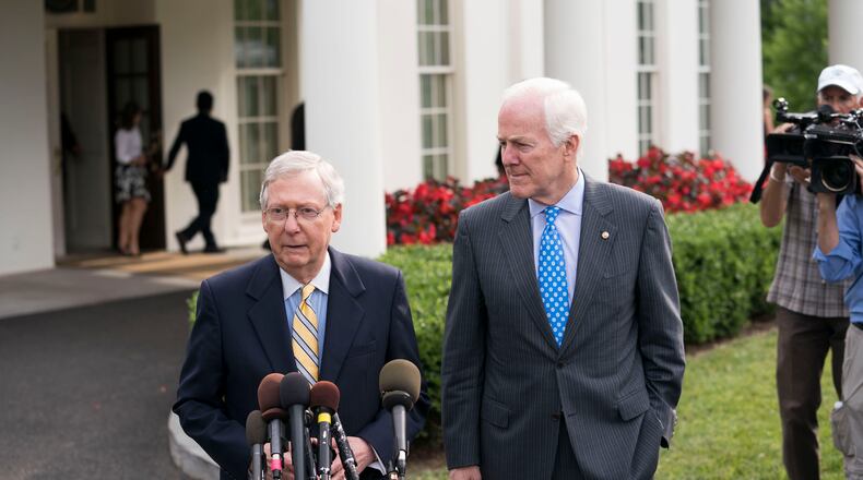 U.S. Senate Majority Leader Mitch McConnell, shown with U.S. Senate Majority Whip John Cornyn, told a Rotary Club luncheon in southern Kentucky on Thursday that “if my side is unable to agree on an adequate replacement (for Obamacare), then some kind of action with regard to the private health insurance market must occur.” (Doug Mills/The New York Times)