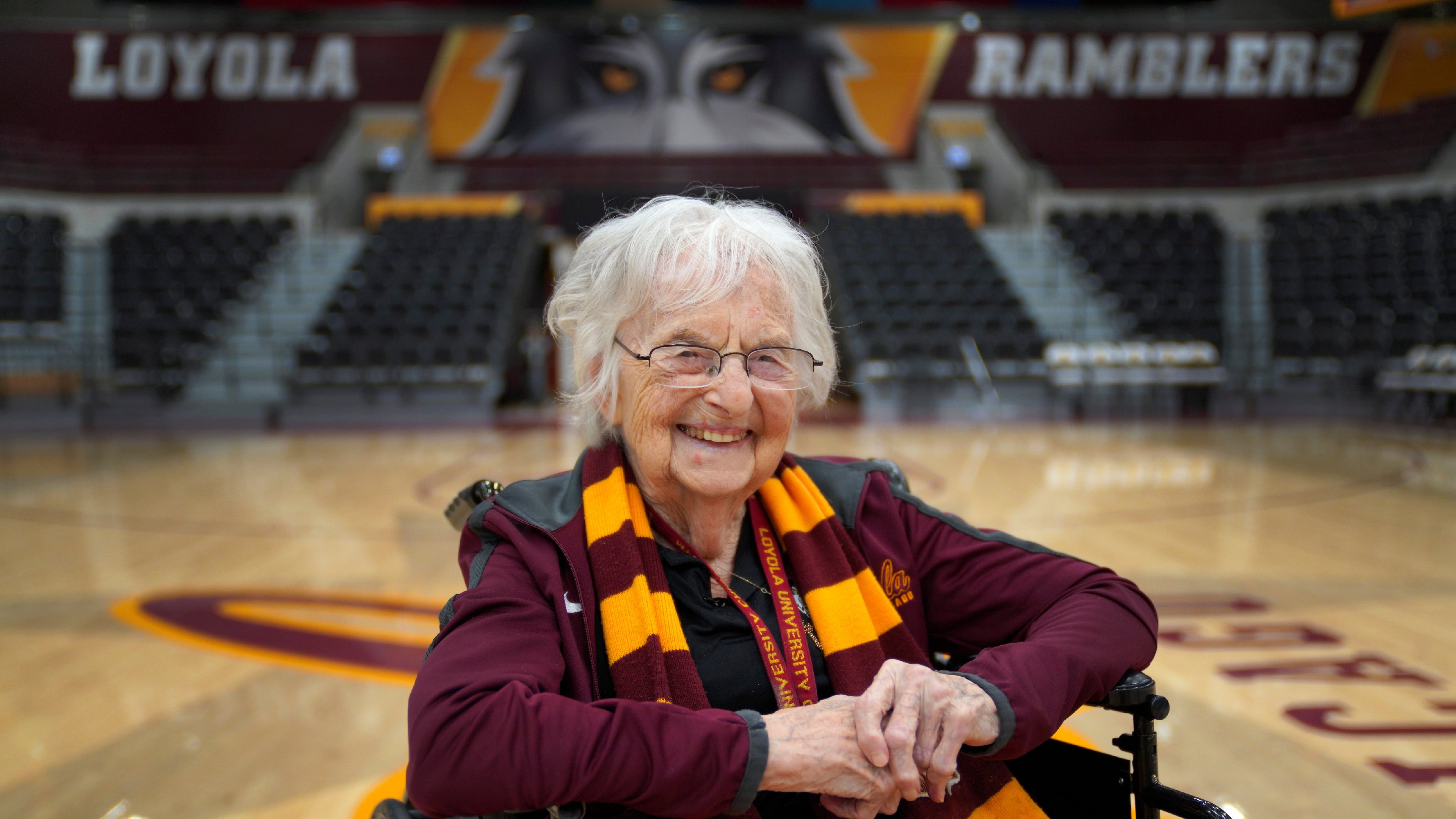 FILE - Sister Jean Dolores Schmidt, the Loyola University men's basketball chaplain and school celebrity, sits for a portrait in The Joseph J. Gentile Arena, on Monday, Jan. 23, 2023, in Chicago. T(AP Photo/Jessie Wardarski, file)