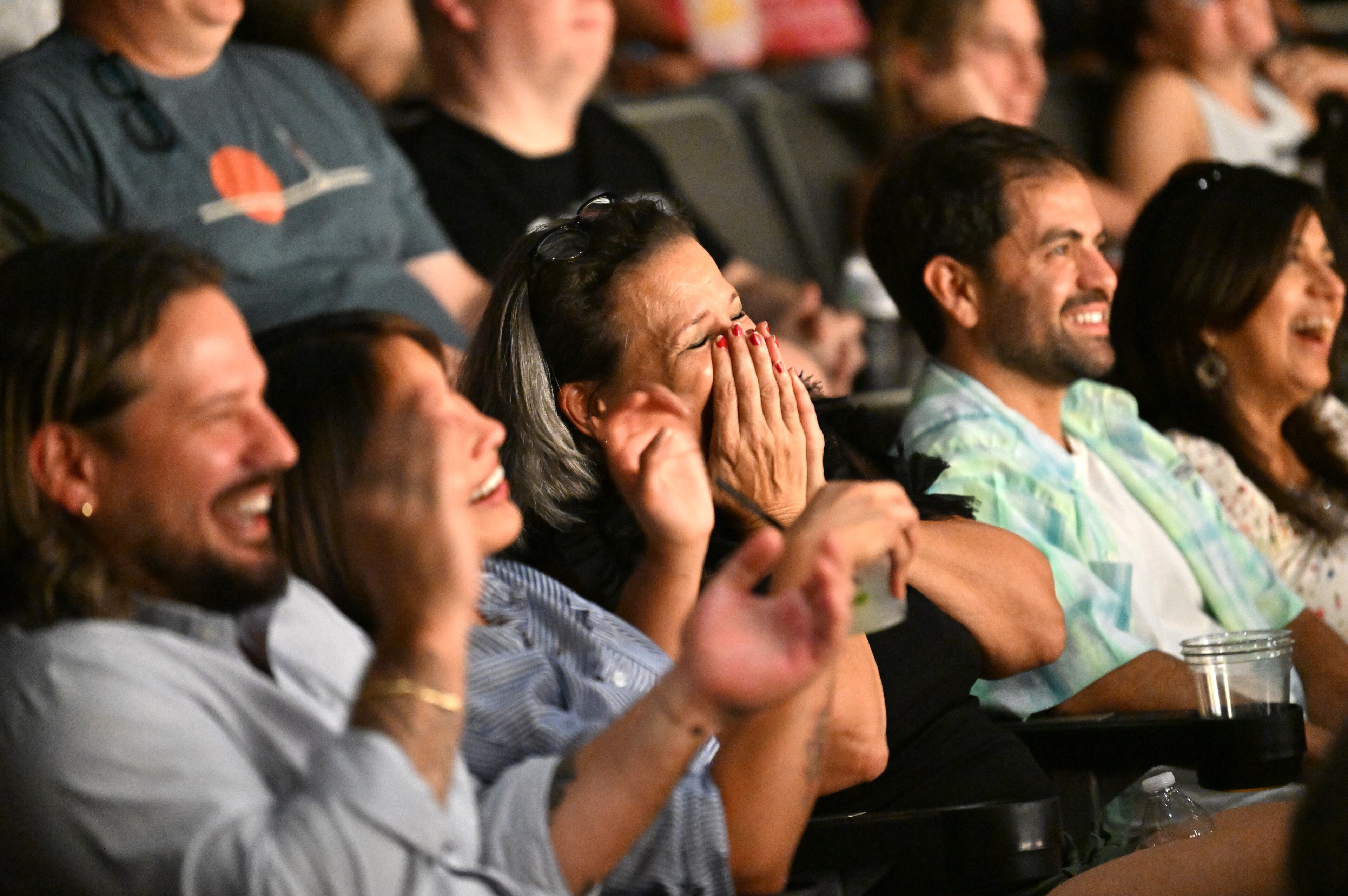 Audience members enjoy the laughs during the “Dirty 30” celebration at Dad’s Garage on Friday, July 25, 2025, in Atlanta. (Hyosub Shin/AJC)