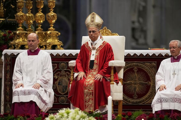 Pope Leo XIV celebrates a Mass in St. Peter's Basilica at the Vatican, where he will bless the pallia for the new metropolitan archbishops, Sunday, June 29, 2025. (AP Photo/Andrew Medichini)