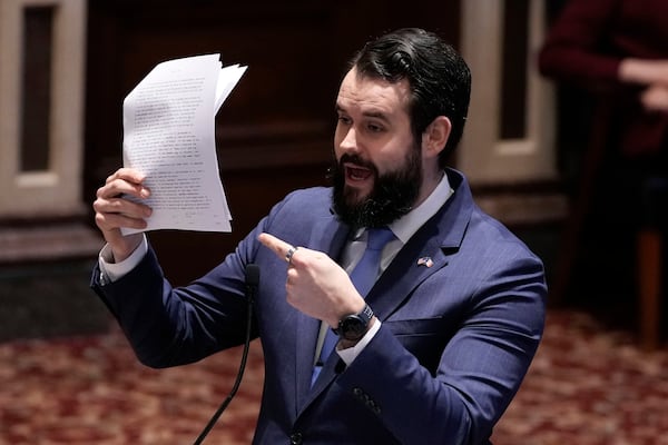 FILE - Sen. Zach Wahls, D-Coralville, speaks during debate on the gender identity bill, Feb. 27, 2025, at the Statehouse in Des Moines, Iowa. (AP Photo/Charlie Neibergall, File)