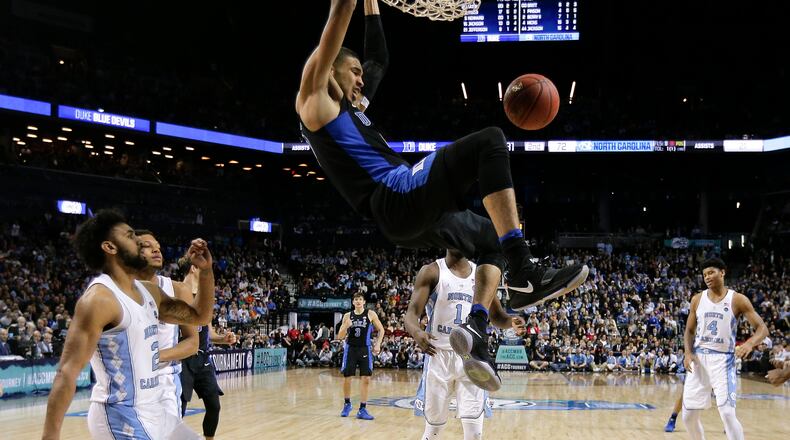 Duke forward Jayson Tatum dunks against North Carolina in the second half of the ACC semifinals on Friday, March 10, 2017, in New York. Duke won 93-83. (AP Photo/Julie Jacobson)