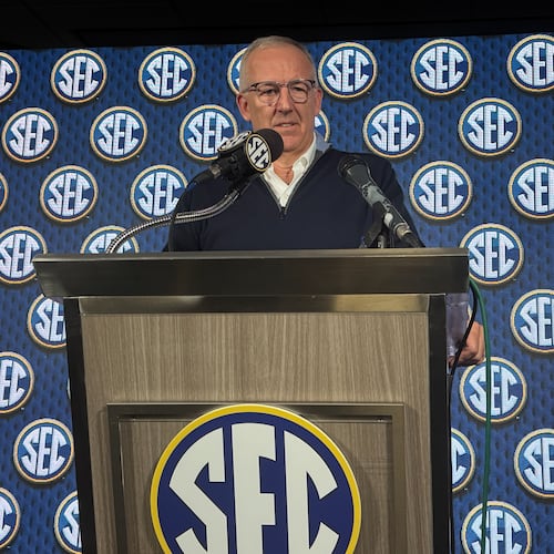 SEC Commissioner Greg Sankey revealed the league’s athletic directors have voted to play a conference game on the next-to-last week of each season starting in 2027. (Mike Griffith/AJC)