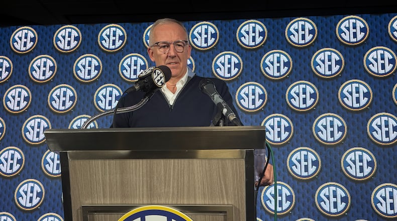 SEC Commissioner Greg Sankey revealed the league’s athletic directors have voted to play a conference game on the next-to-last week of each season starting in 2027. (Mike Griffith/AJC)