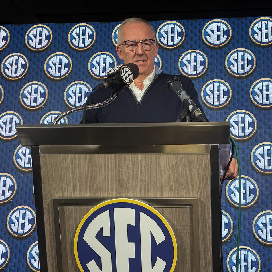 SEC Commissioner Greg Sankey revealed the league’s athletic directors have voted to play a conference game on the next-to-last week of each season starting in 2027. (Mike Griffith/AJC)