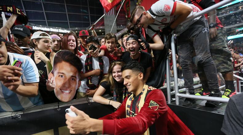 September 20, 2017 Atlanta. Atlanta United miedfielderYamil Azad takes selfies with the crowd after he was named the man of the match.