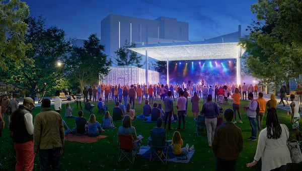 This is a rendering, unveiled in October, of the planned downtown green gathering and event space within the first phase of the Stitch. (Courtesy of Atlanta Downtown Improvement District)