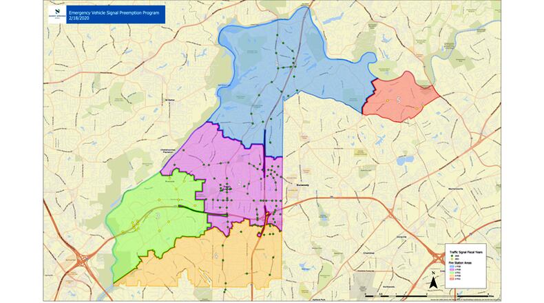 Map depicts the rollout of “Glance” traffic signal preemption equipment in Sandy Springs. The system is intended to ensure green traffic lights for fire vehicles on emergency calls. CITY OF SANDY SPRINGS