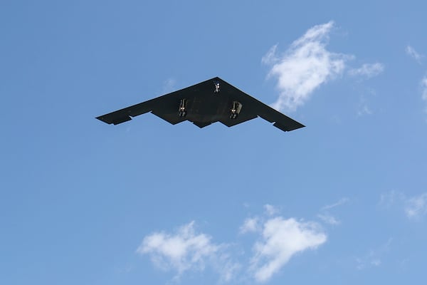A B-2 bomber arrives at Whiteman Air Force Base Mo., Sunday, June 22, 2025, after returning from a massive strike on Iranian nuclear sites on Saturday. (AP Photo/David Smith)