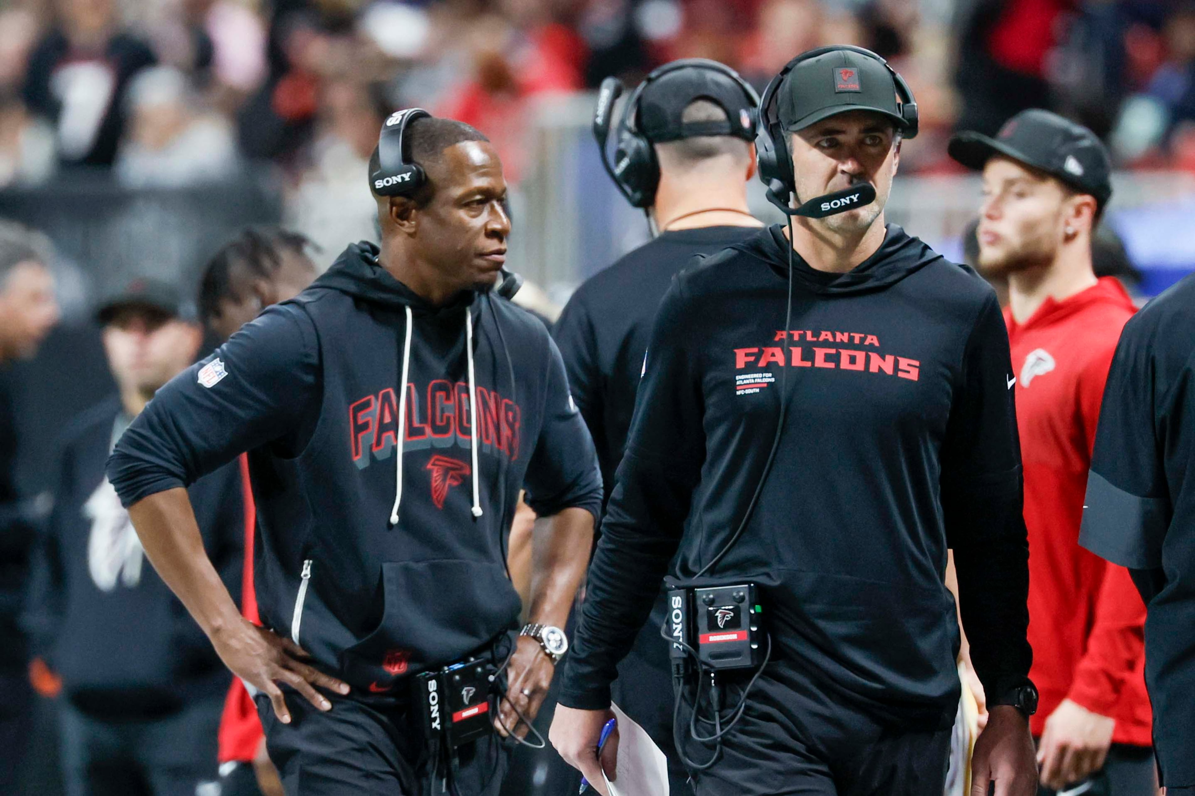 Atlanta Falcons head coach Raheem Morris and Offensive Coordinator Zac Robinson watch the field after a play where the Seattle Seahawks intercepted the ball during the second half of an NFL football game at Mercedes-Benz Stadium in Atlanta on Sunday, Dec. 7, 2025.
(Miguel Martinez/ AJC)