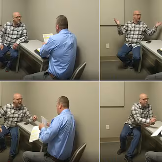 In an interview with then-Sgt. Anthony Sims on March 1, 2024, Bradley Reynolds, left, denied that he had a sexual relationship with Hayle Swinson and denied any knowledge of the more than 300 emails that she had presented to police. (Courtesy of White County Sheriff's Department)