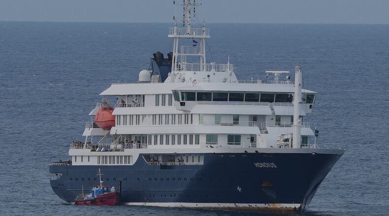 The MV Hondius cruise ship is anchored at a port in Praia, Cape Verde, Wednesday, May 6, 2026. (AP Photo/Misper Apawu)