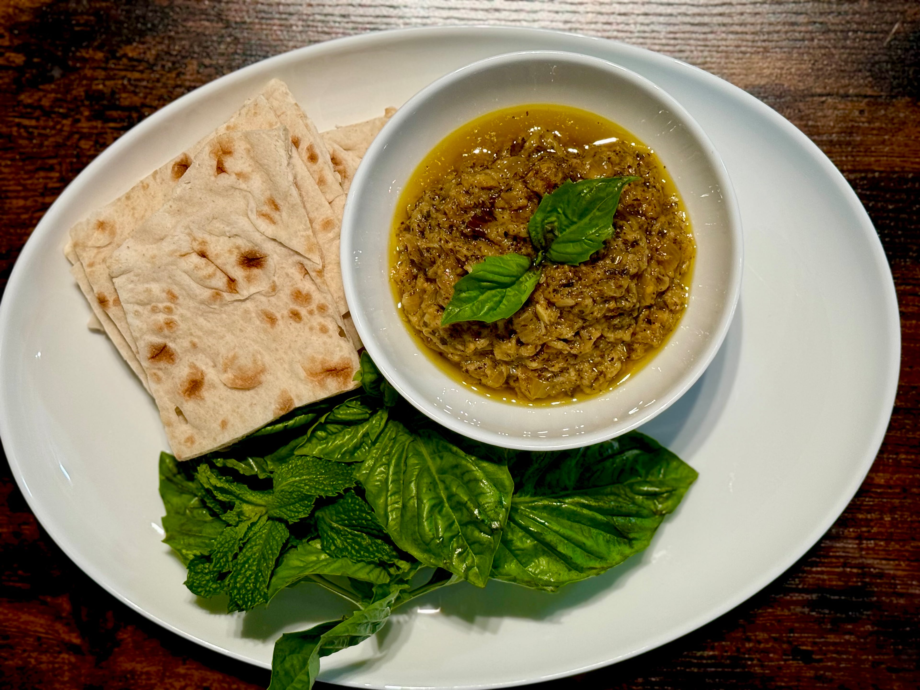 Kashk-e Bademjan (Persian eggplant dip) at Koochini Persian Kitchen. (Angela Hansberger for The Atlanta Journal-Constitution)