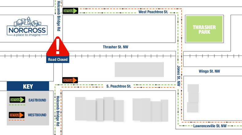 Norcross has created a quick and convenient detour route to help visitors and residents easily navigate to downtown shops and restaurants while improvements begin at Holcomb Bridge Road and Thrasher Street railroad crossing. (Courtesy City of Norcross)