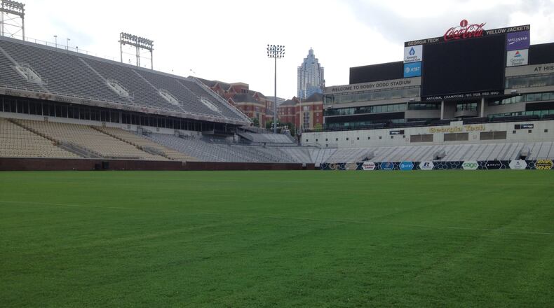 The Bobby Dodd Stadium field as it looked in May of this year, just after new Bermuda sod had been rolled onto the surface.