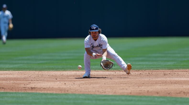 Georgia Tech infielder Mike Becchetti in action against Virginia in pool play of the ACC baseball tournament in Charlotte, N.C., Wednesday, May 22, 2024. (Photo by Nell Redmond/ACC)