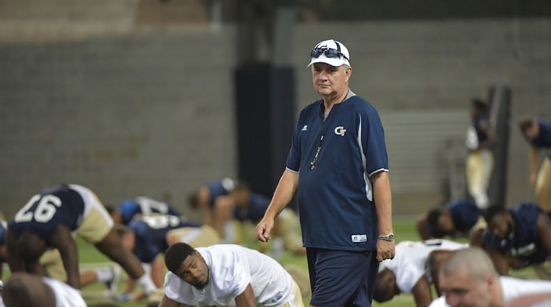 August 4, 2017 Atlanta - Georgia Tech head coach Paul Johnson watches over the first the first day of Georgia Tech football practice at Rose Bowl Field in Georgia Tech campus on Friday, August 4, 2017. HYOSUB SHIN / HSHIN@AJC.COM