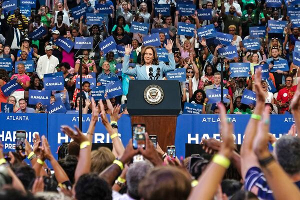 Vice President and 2024 Democratic presidential candidate Kamala Harris gestures as she speaks at a campaign event in Atlanta, on July 30, 2024. (Elijah Nouvelage/AFP/Getty Images/TNS)
