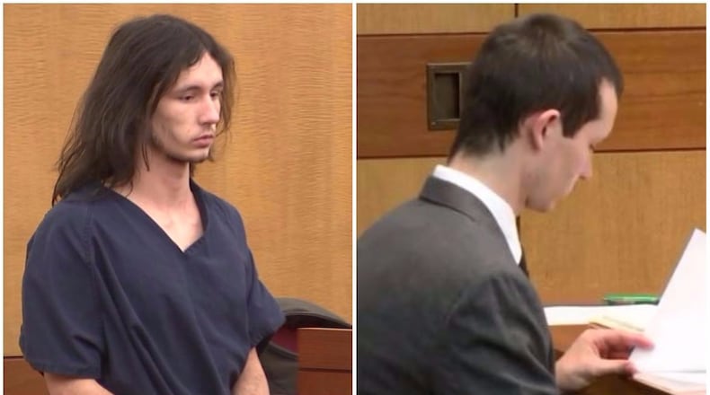 Jeffrey Hazelwood is charged with murder in the deaths of Natalie Henderson and Carter Davis, both 17, behind a Roswell grocery store. He is shown in court last year (left) and May 3, 2017.