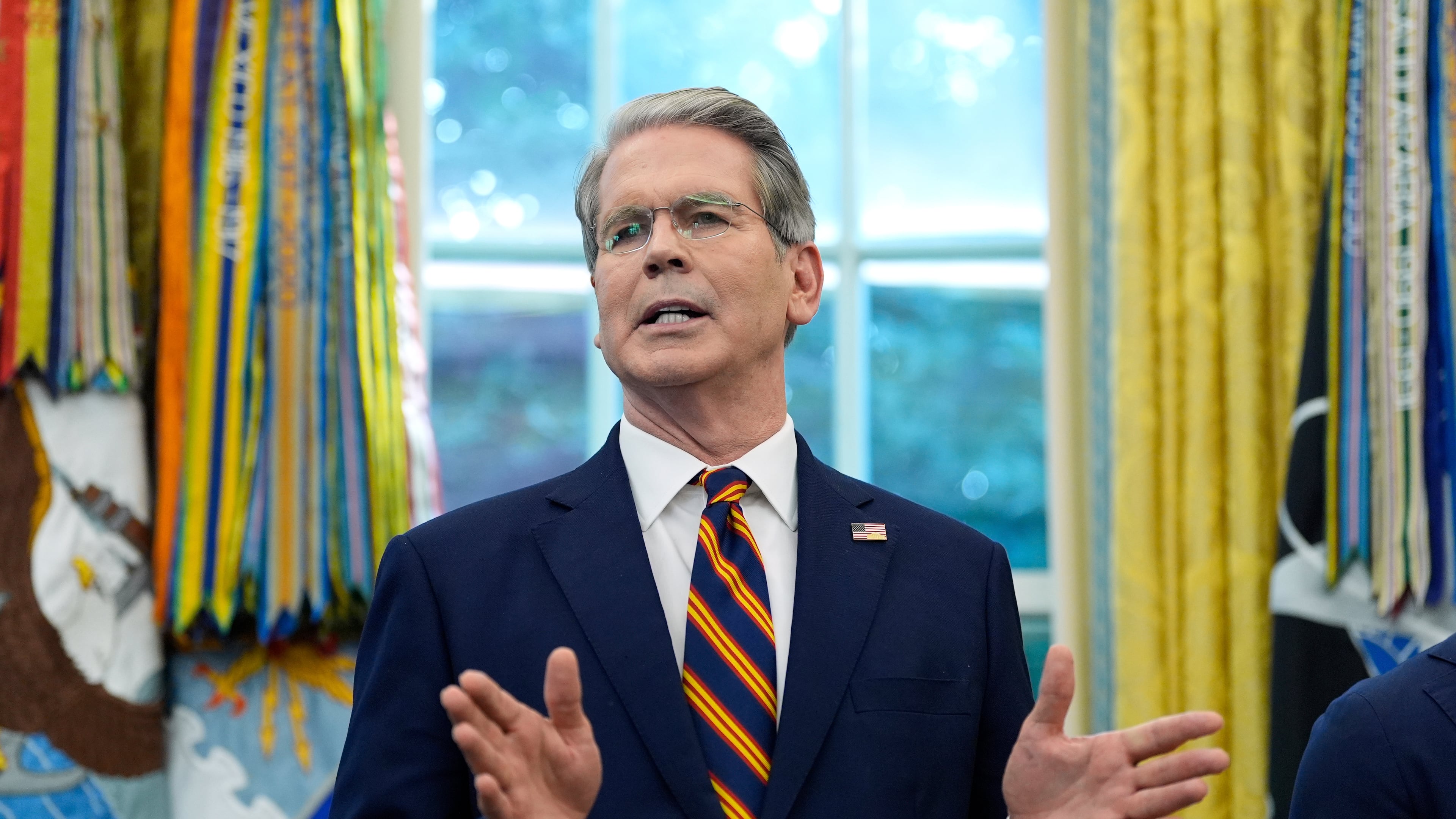 Treasury Secretary Scott Bessent speaks in the Oval Office of the White House, Friday, Sept. 5, 2025, in Washington, during an event with President Donald Trump. (AP Photo/Alex Brandon)