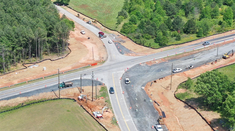 Georgia DOT construction partners will be shifting traffic on Ga. 211 and Old Hog Mountain Road beginning Aug. 26 to a newly constructed Ga. 211 roadway on the east side of the intersection for ongoing installation of the roundabout. (Courtesy Georgia DOT)