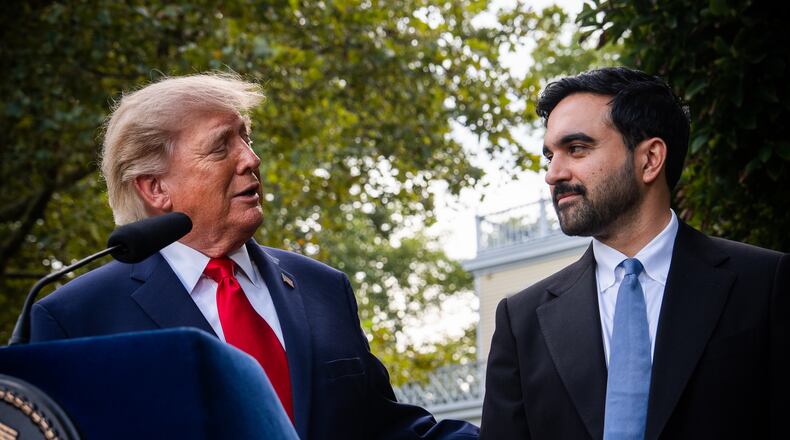 New York City Mayor Zohran Mamdani stands by as President Donald Trump speaks during a joint news conference at Gracie Mansion, Monday, Sept. 21, 2026, in New York. (AP Photo/Julia Demaree Nikhinson)