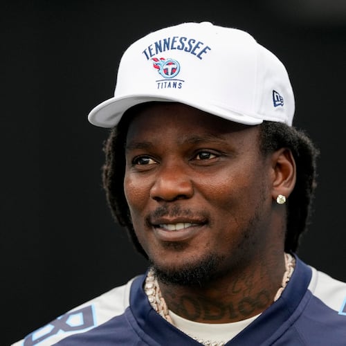 FILE - Former Tennessee Titans running back Chris Johnson visits the field during the second half of an NFL football game against the New York Jets, Sept. 15, 2024, in Nashville, Tenn. (AP Photo/George Walker IV, file)