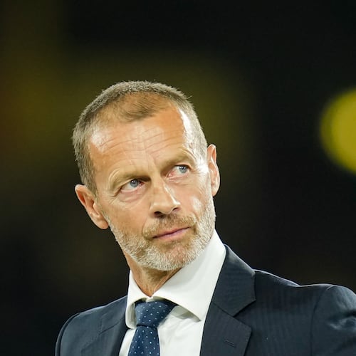 UEFA President Aleksander Ceferin looks on during the trophy ceremony at the end of the UEFA Super Cup soccer match between Paris Saint-Germain and Aston Villa in Salzburg, Austria, Wednesday, Aug.12, 2026. (AP Photo/Darko Bandic)