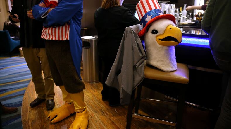 The head of an Uncle Sam eagle sits on a bar stool at the Marriott hotel bar on January 31, 2016 in Des Moines, Iowa. The presidential selection officially kicks February 1 with the Iowa caucuses. Justin Sullivan/Getty Images